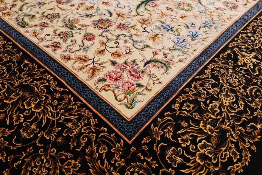 Ghom Rose Teppich 402x301 cm – Wolle/Kunstseide, Perserteppich handgefertigt