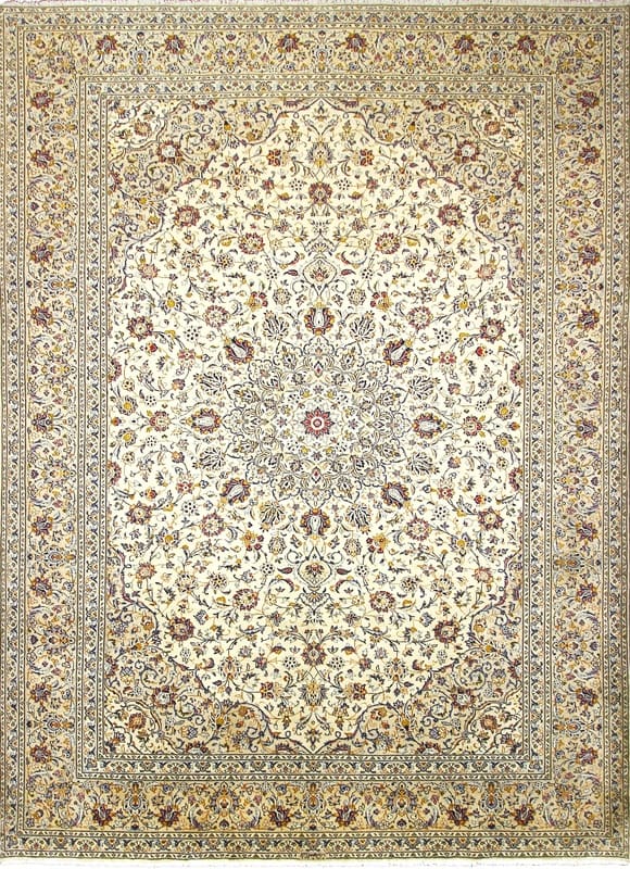 Kashan Teppich 415x299 cm, creme, graue Ränder, handgeknüpft