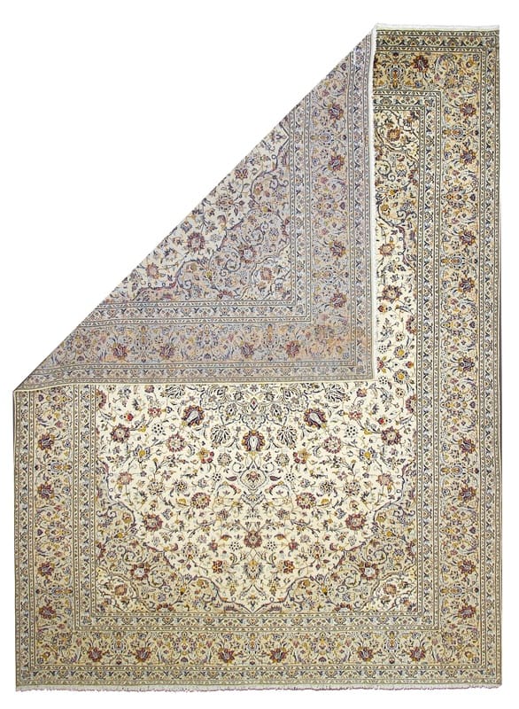 Kashan Teppich 415x299 cm, creme, graue Ränder, handgeknüpft