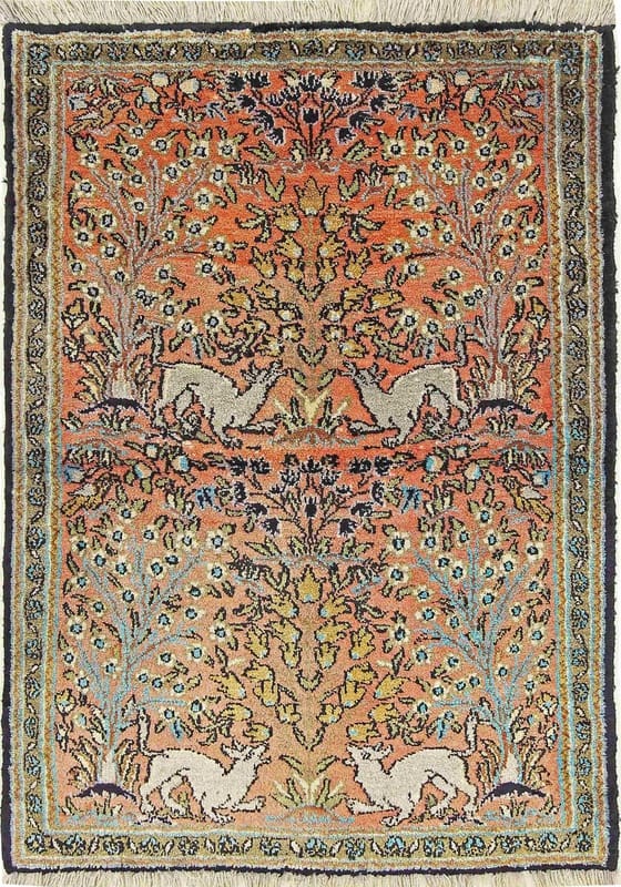Handgeknüpfter Ghom Seidenteppich 82x59 cm – antik, elegant, Perserteppich