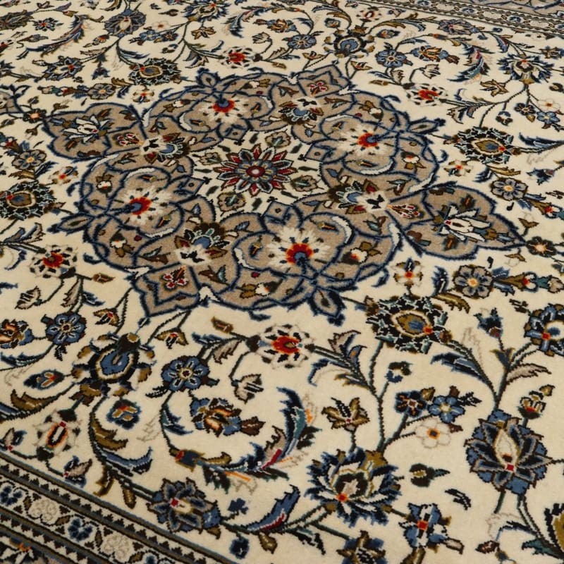 Kashan Teppich 305x198 cm - Creme mit grauem Rand, handgeknüpft