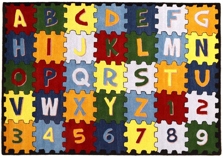 Kinderteppich 245x171 cm mit bunten Buchstaben & Zahlen – handgeknüpft