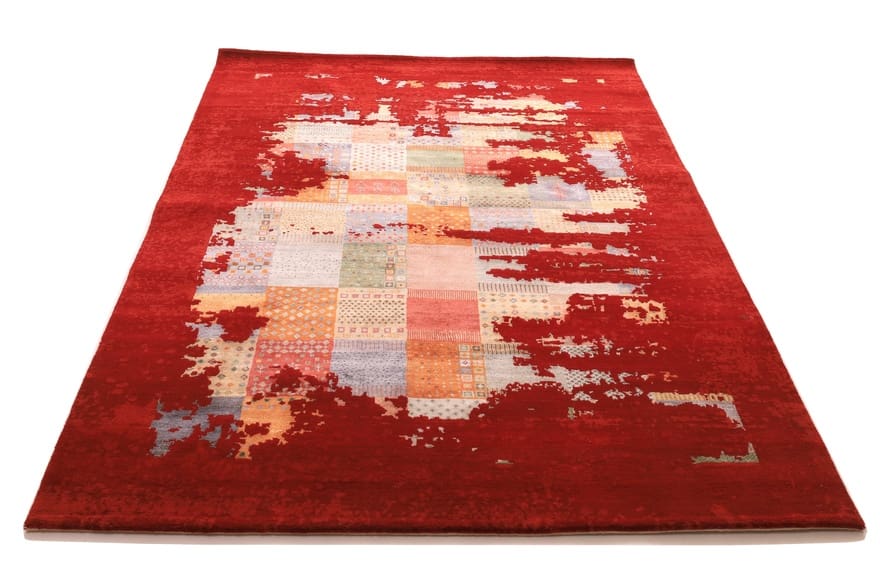 Loribaft-Teppich 247x169 cm: Feuerrot Patchwork, handgeknüpft