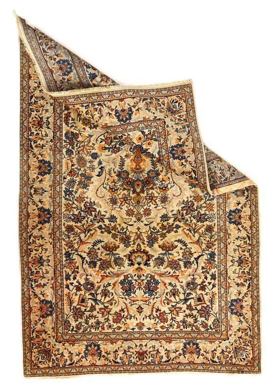 Keshan Orientteppich 209x133 cm – Handgeknüpft, florale Muster, Creme-Blau