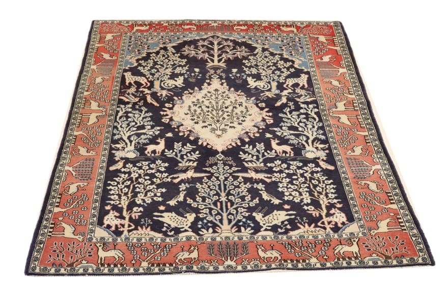 Ghom Teppich 202x131 cm, marineblau, mit Tier-Muster, handgeknüpft