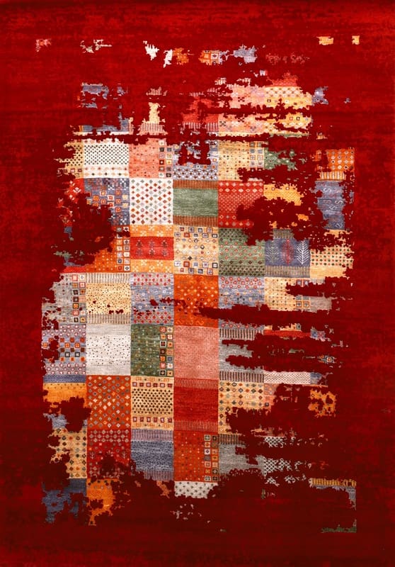 Loribaft Teppich 244x173 cm – Rotes Patchwork-Design, handgeknüpft