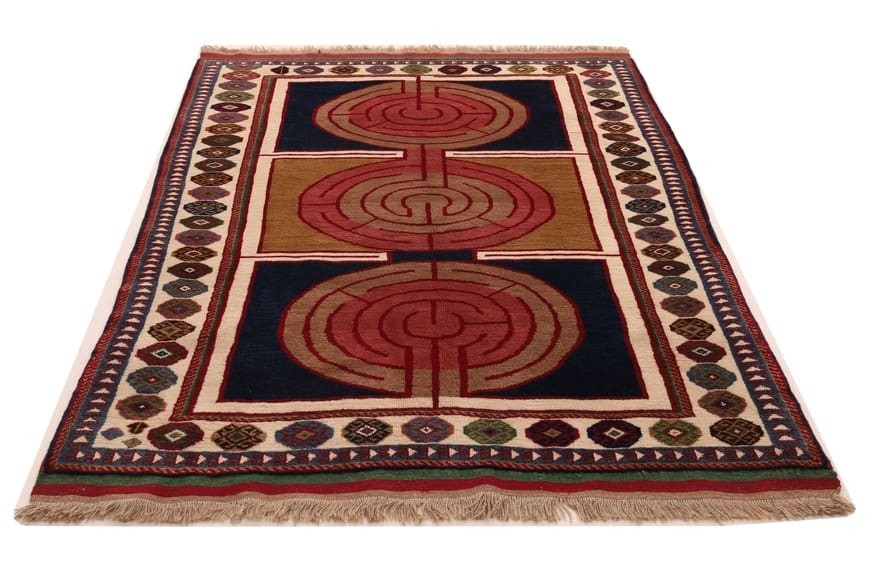 Gabbeh Teppich 236x159 cm, geometrisch, orange-gelb, handgeknüpft