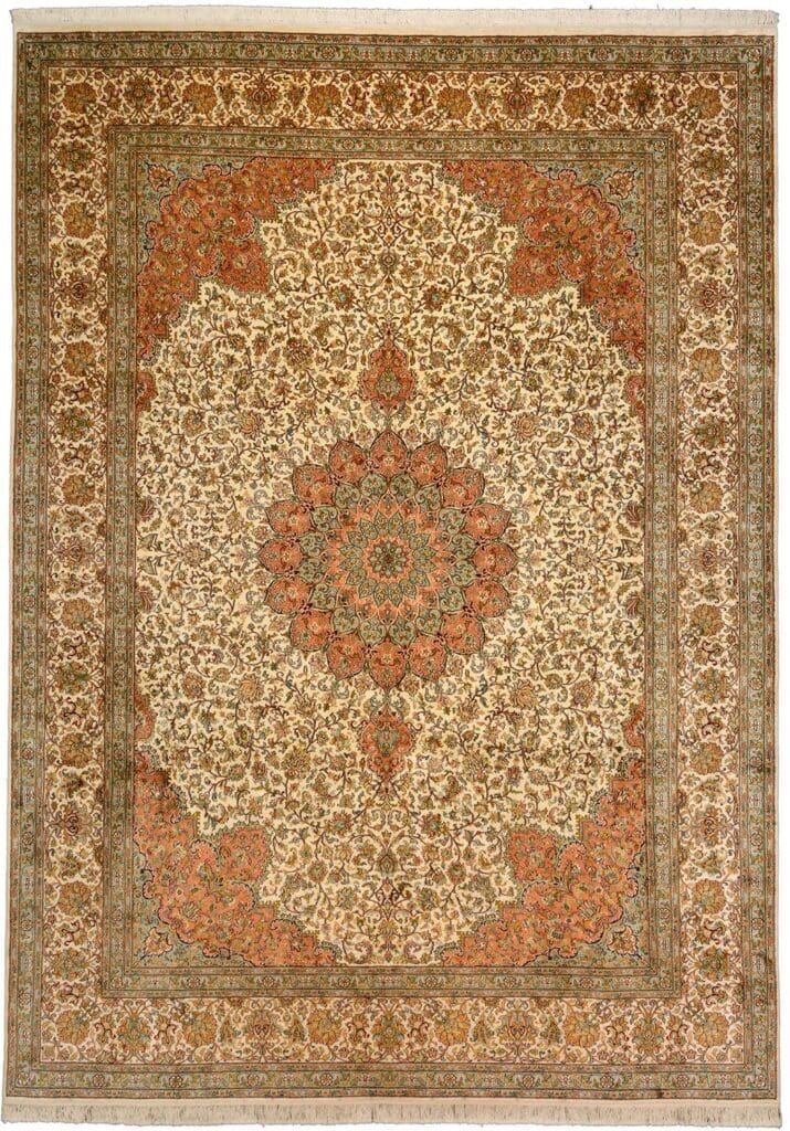 Kashmirseide Teppich 248 x 333 cm, persisches Muster, handgeknüpft