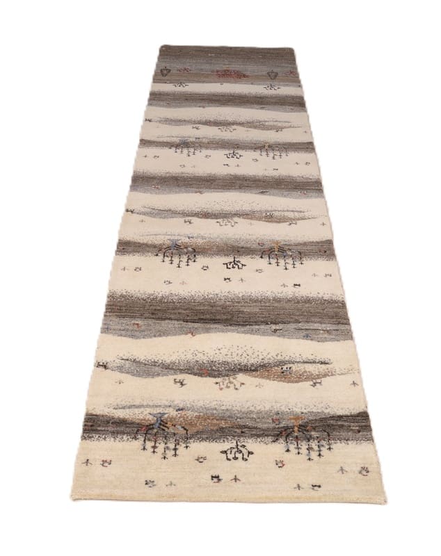 Eleganter Loribaft Läufer 302x81 cm in Creme-Grau, handgeknüpft