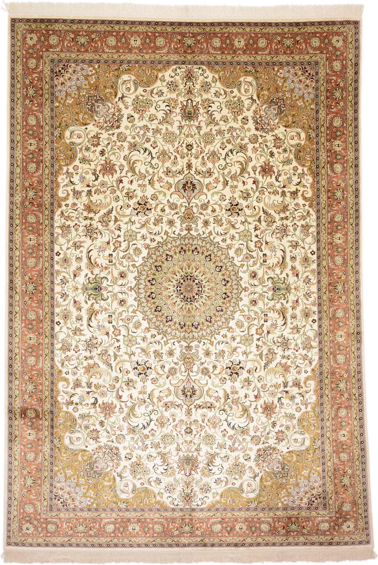 Kashmirseide Teppich 211 x 312cm, handgeknüpft, edles Design H1