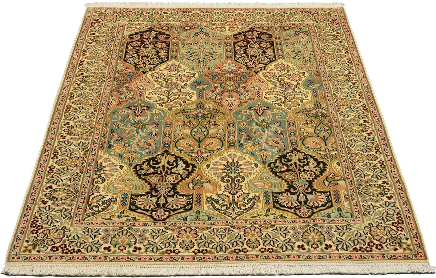 Kashmirseide Teppich 128 x 183cm, edles Pastell, handgeknüpft