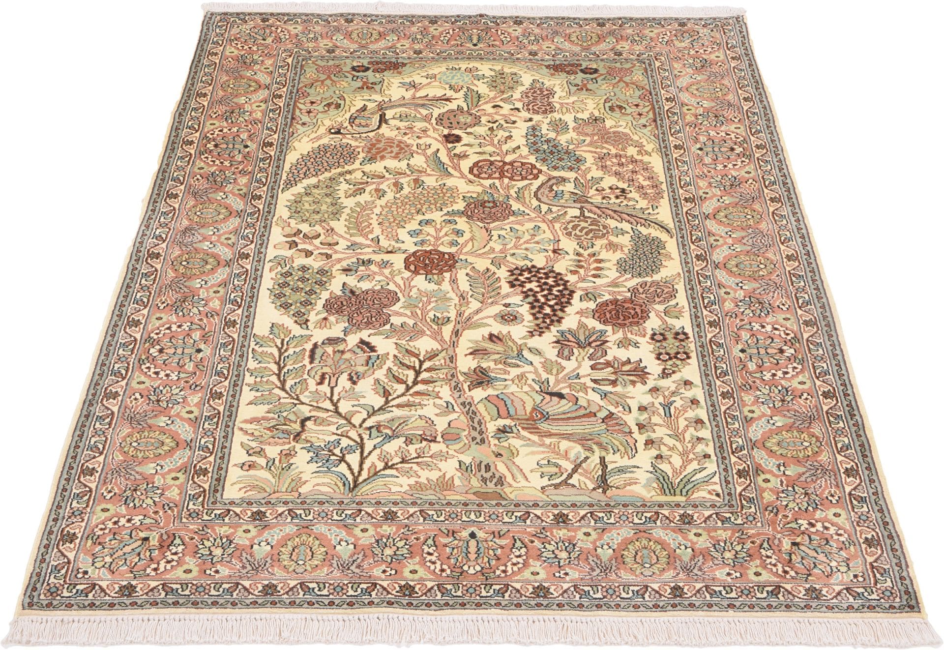 Kashmirseide Teppich 128 x 189 cm, edles Pastellmuster, handgeknüpft