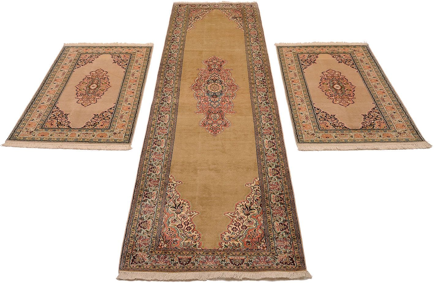 Kashmirseide Teppich 84 x 337cm, edles persisches Muster, handgeknüpft