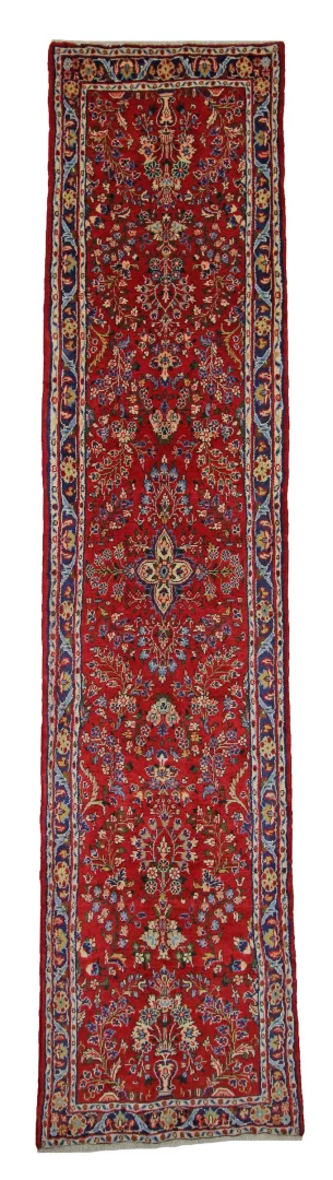 Mahal Orientteppich 317 x 73 cm, rot, mit Rosen, handgeknüpft