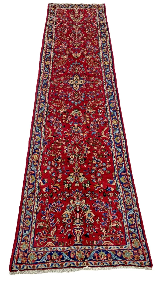 Mahal Orientteppich 317 x 73 cm, rot, mit Rosen, handgeknüpft