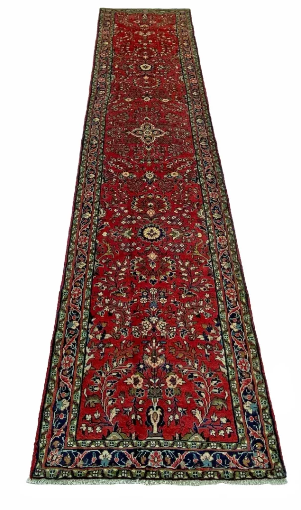 Mahal Orientteppich 375 x 80 cm, rot mit Blumenmuster, handgeknüpft
