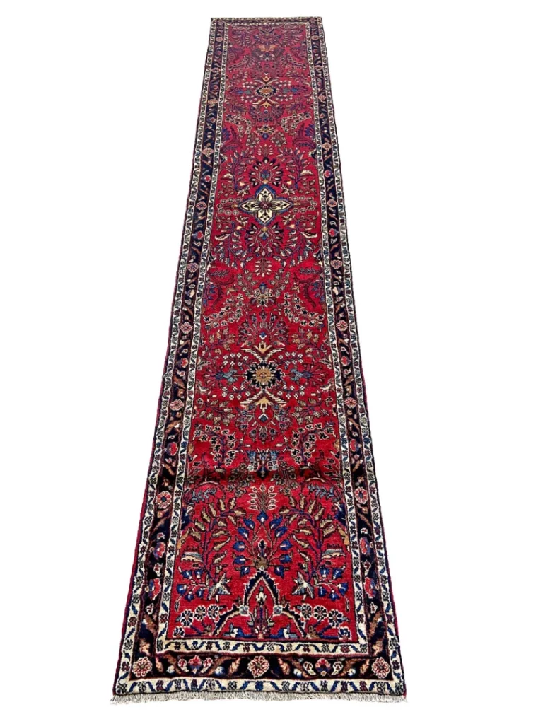 Mahal Orientteppich 425 x 81 cm, rote Rosen, handgeknüpft