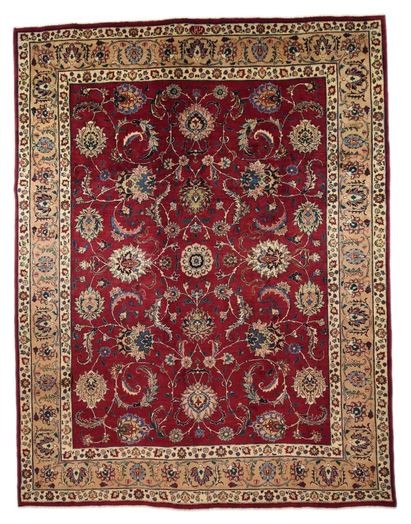 Maschhad Teppich 384 x 295 cm, florales Muster, handgeknüpft