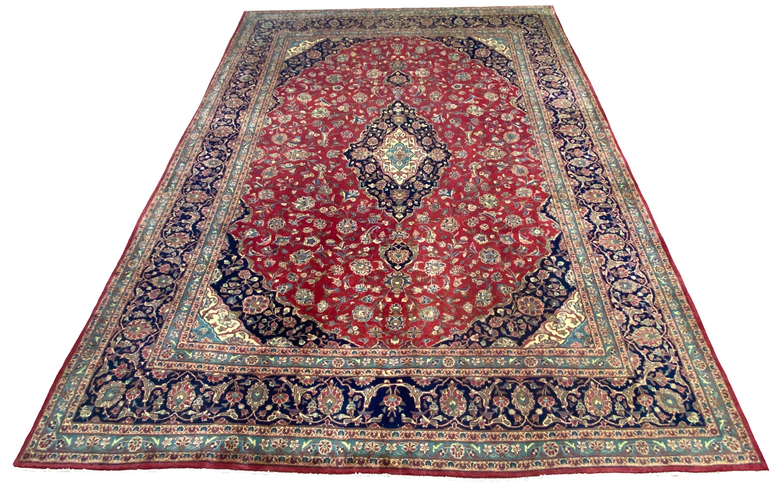 Maschhad Orientteppich 397 x 291 cm, florales Muster, handgeknüpft