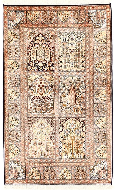 Kaschmir Seidenteppich 155x95 cm, rot mit Bergamotte-Muster, handgeknüpft