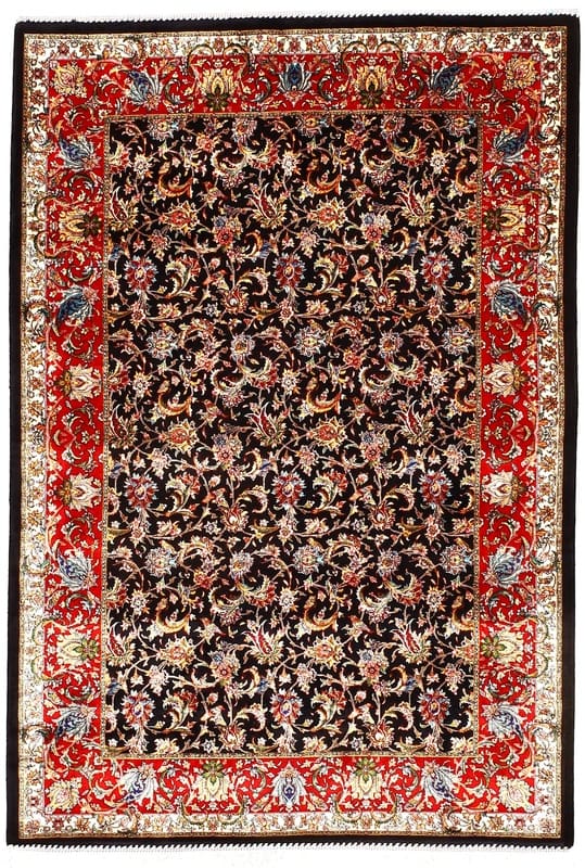 Eleganter Ghom Rose Teppich 122x81 cm Schwarz-Grau, Perserteppich handgeknüpft