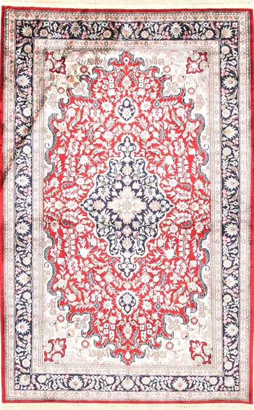 Kaschmir Seidenteppich 123x81 cm, rotes Bergamotte-Muster, handgeknüpft