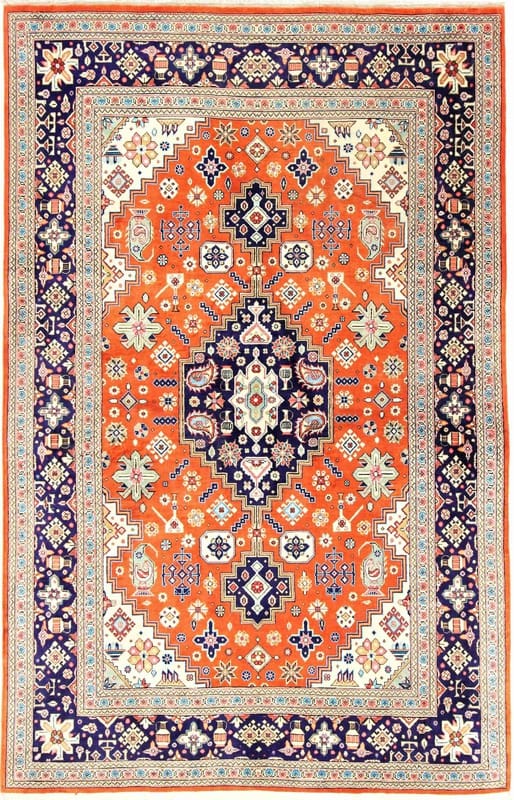 Ghom Seidenteppich 124x80 cm, orange-marine, handgeknüpft