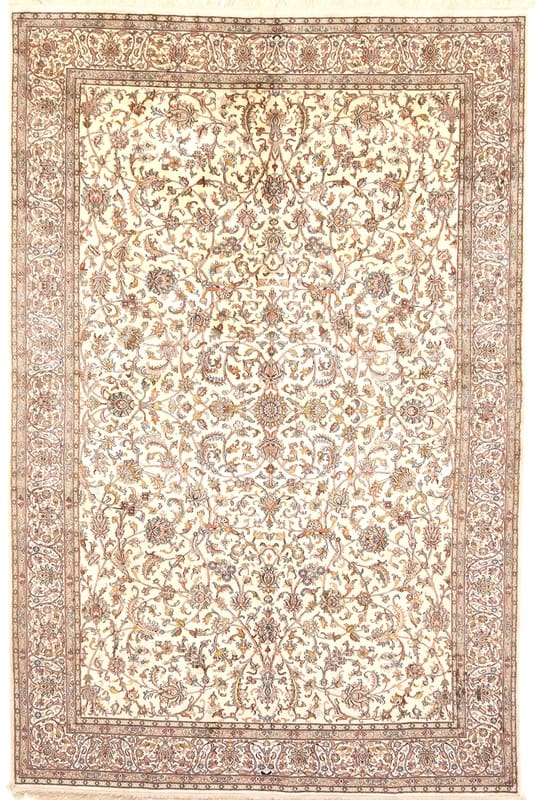 Exquisiter Kashmir Seidenteppich 282x186 cm mit Blumenmotiv, handgeknüpft