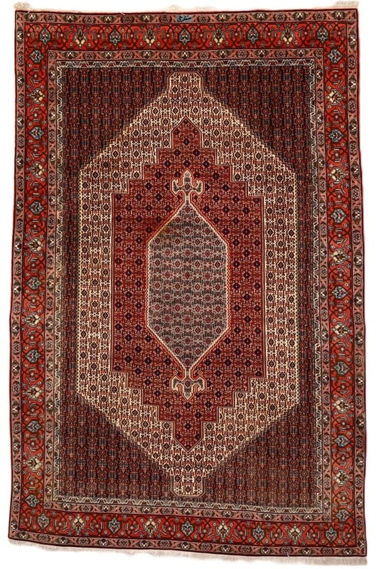 Handgeknüpfter Senneh-Teppich 300x197 cm – Eleganz in Rot und Creme