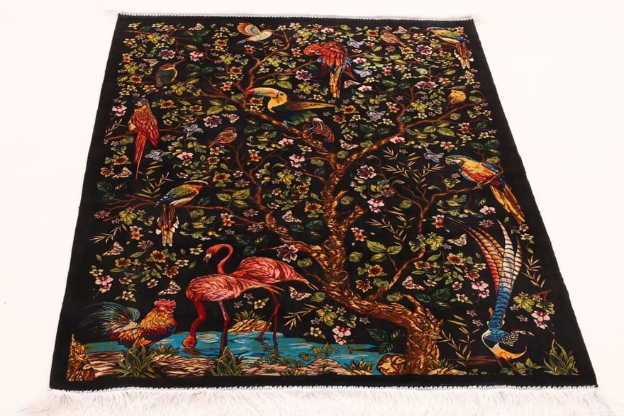 Ghom Dahlia Teppich 122x81 cm – Eleganter Perserteppich, Viskose, neu