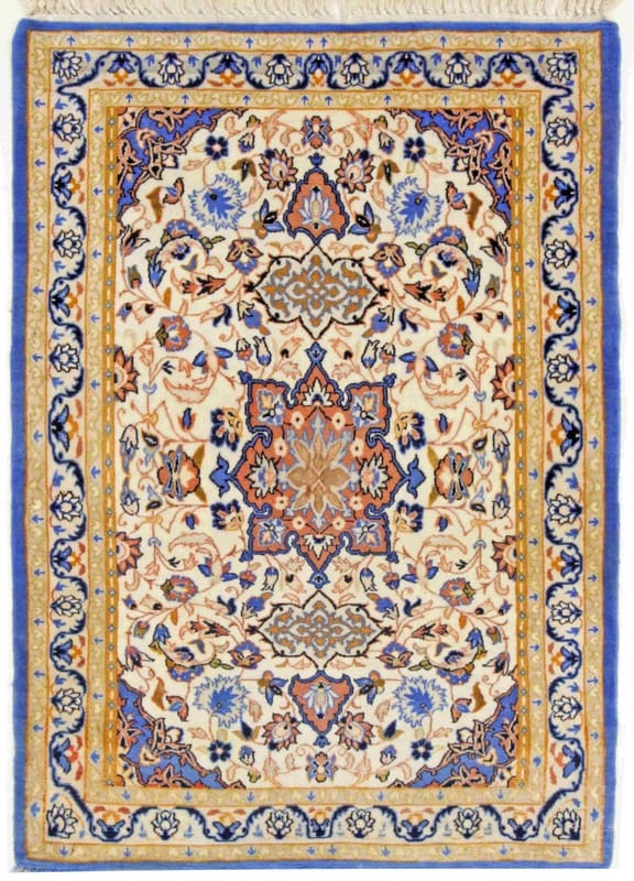 Isfahan Teppich 99x64 cm, cremefarben, Bergamottenmuster, handgeknüpft