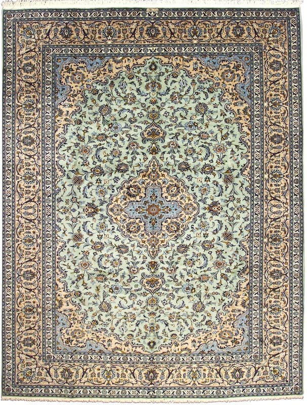 Kashan Teppich 404x316 cm, hellgrün, handgeknüpft, Perserteppich H1