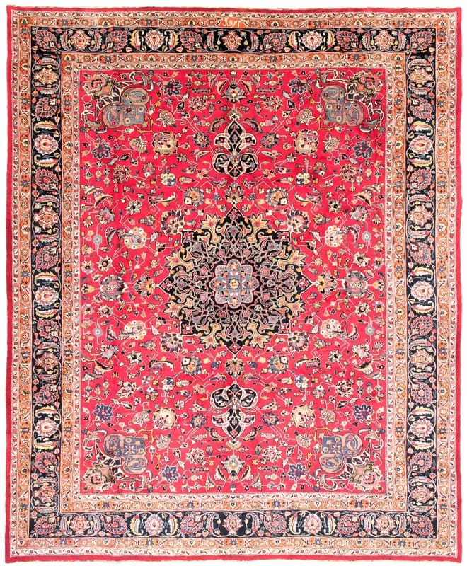Maschhad Teppich 378x303 cm, rot-blau, handgeknüpft, Perserteppich