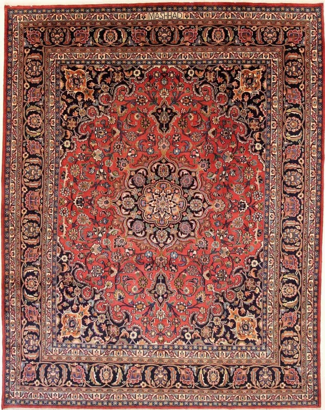 Maschhad Teppich 368x292 cm, rot-blau, handgeknüpft, Perserteppich
