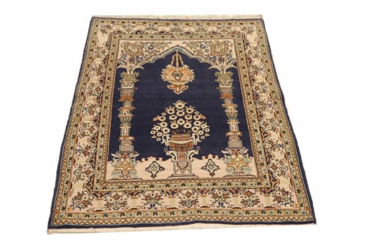 Handgeknüpfter Ghom Teppich 171x109 cm – Dunkelblau, Mihrab-Muster