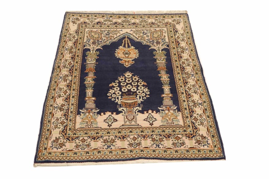 Handgeknüpfter Ghom Teppich 171x109 cm – Dunkelblau, Mihrab-Muster
