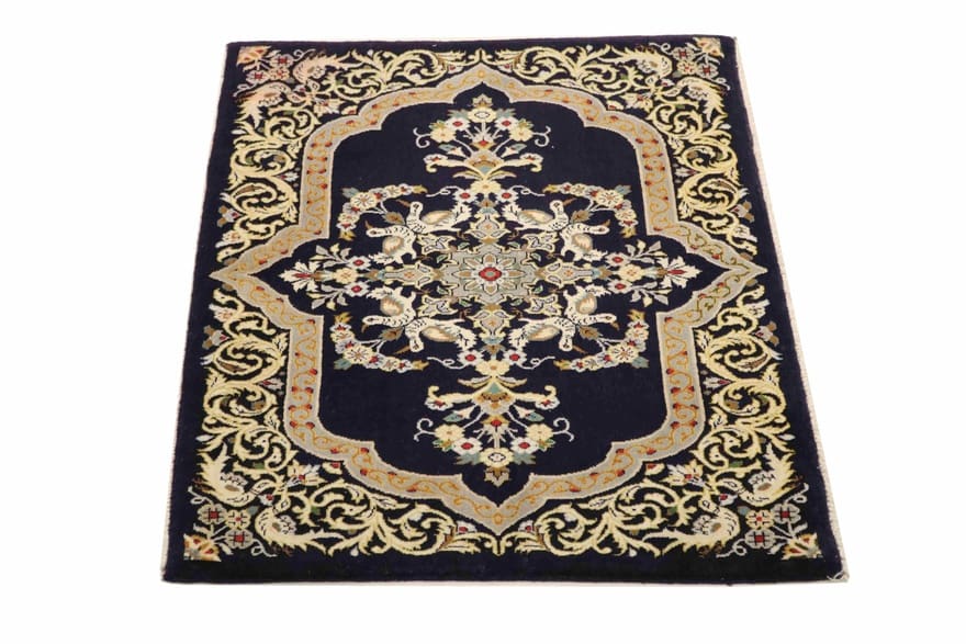 Ghom Teppich 100x71 cm, handgeknüpft, aus feiner Seide, Luxus-Design