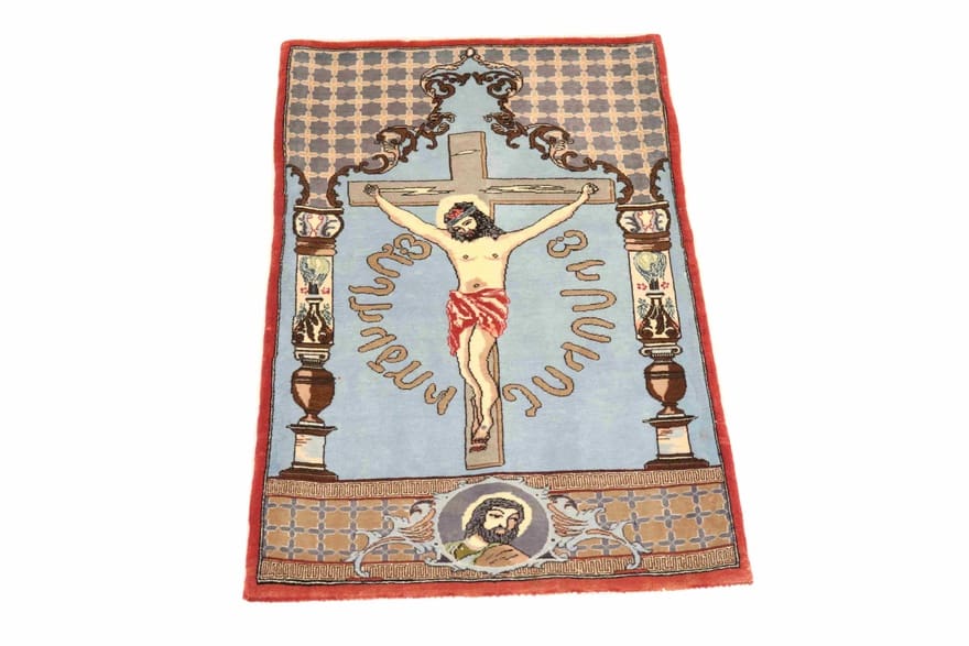TeppichBazar Ghom Teppich 93x57 cm – Handgeknüpftes Kunstwerk, Kreuzigung