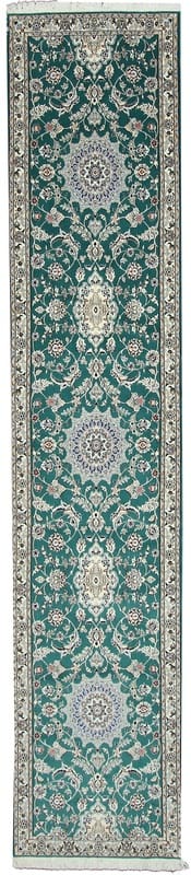 TeppichBazar Nain 9 La Läufer Teppich 425x89 cm, handgeknüpft, grün-elfenbein H1