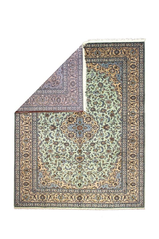 Kashan Teppich 404x316 cm, hellgrün, handgeknüpft, Perserteppich H1