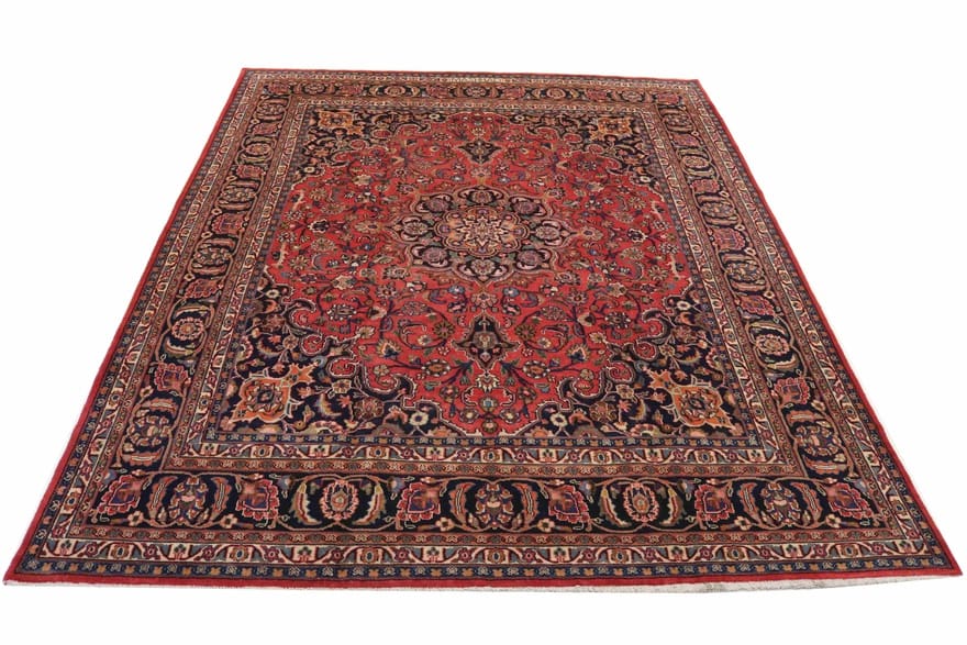 Maschhad Teppich 368x292 cm, rot-blau, handgeknüpft, Perserteppich