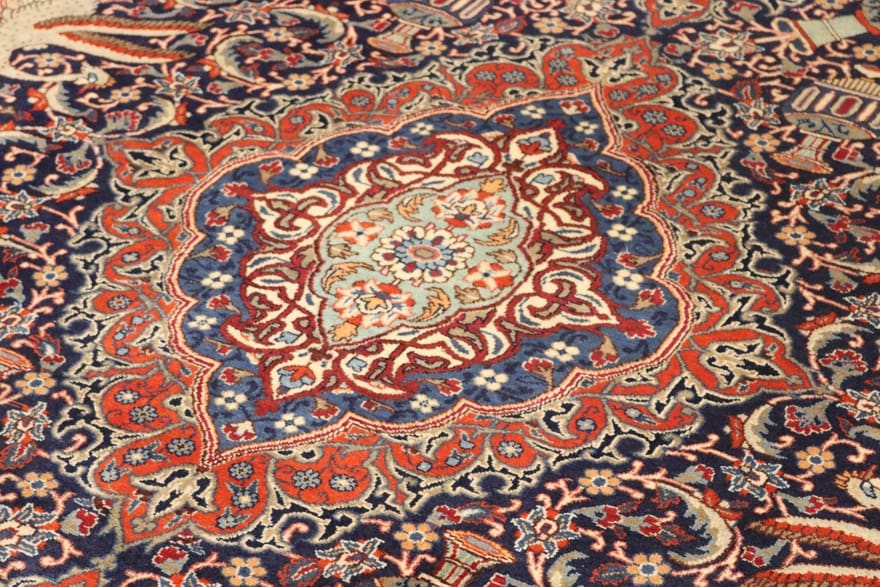 Kashmar Teppich 339x253 cm, rot-blau, handgeknüpft, Perserteppich