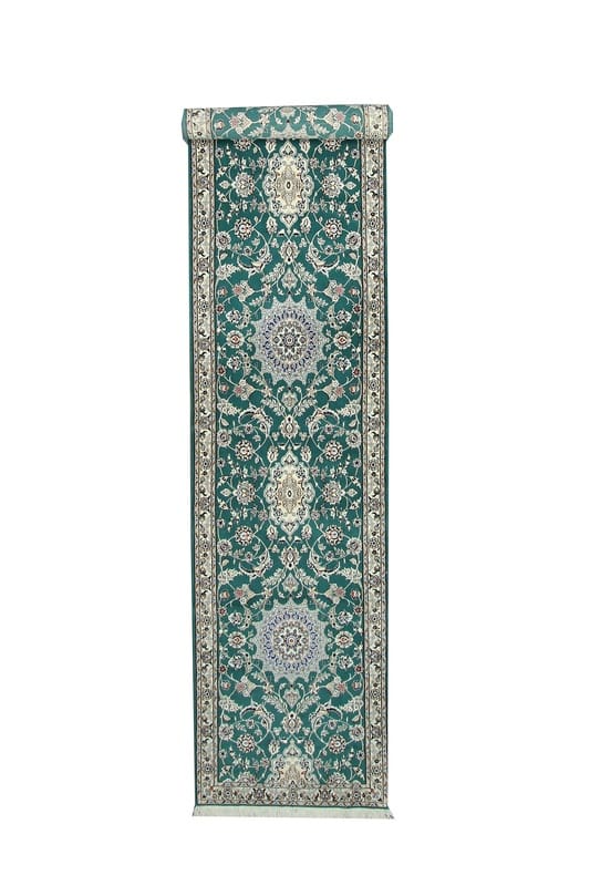 TeppichBazar Nain 9 La Läufer Teppich 425x89 cm, handgeknüpft, grün-elfenbein H1