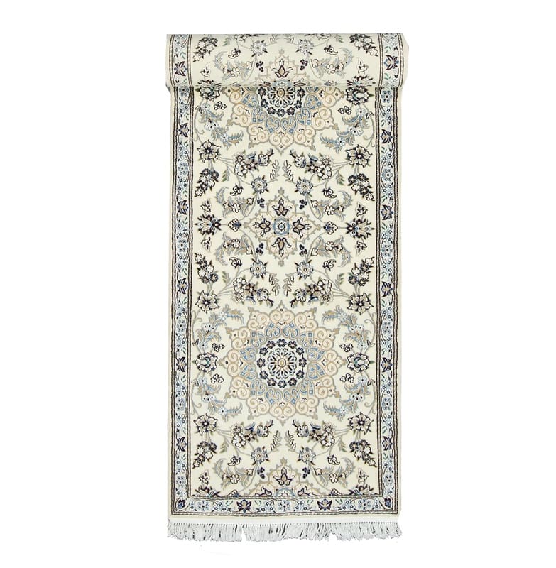 TeppichBazar Nain 9 La Läufer Teppich 309x83 cm, Elfenbein & Blau, handgeknüpft