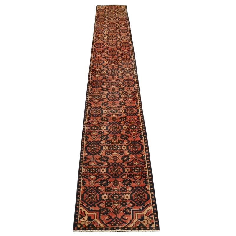 Orientteppich 395x46 cm – Handgeknüpft, 200.000 Knoten/m², Rot/Orange
