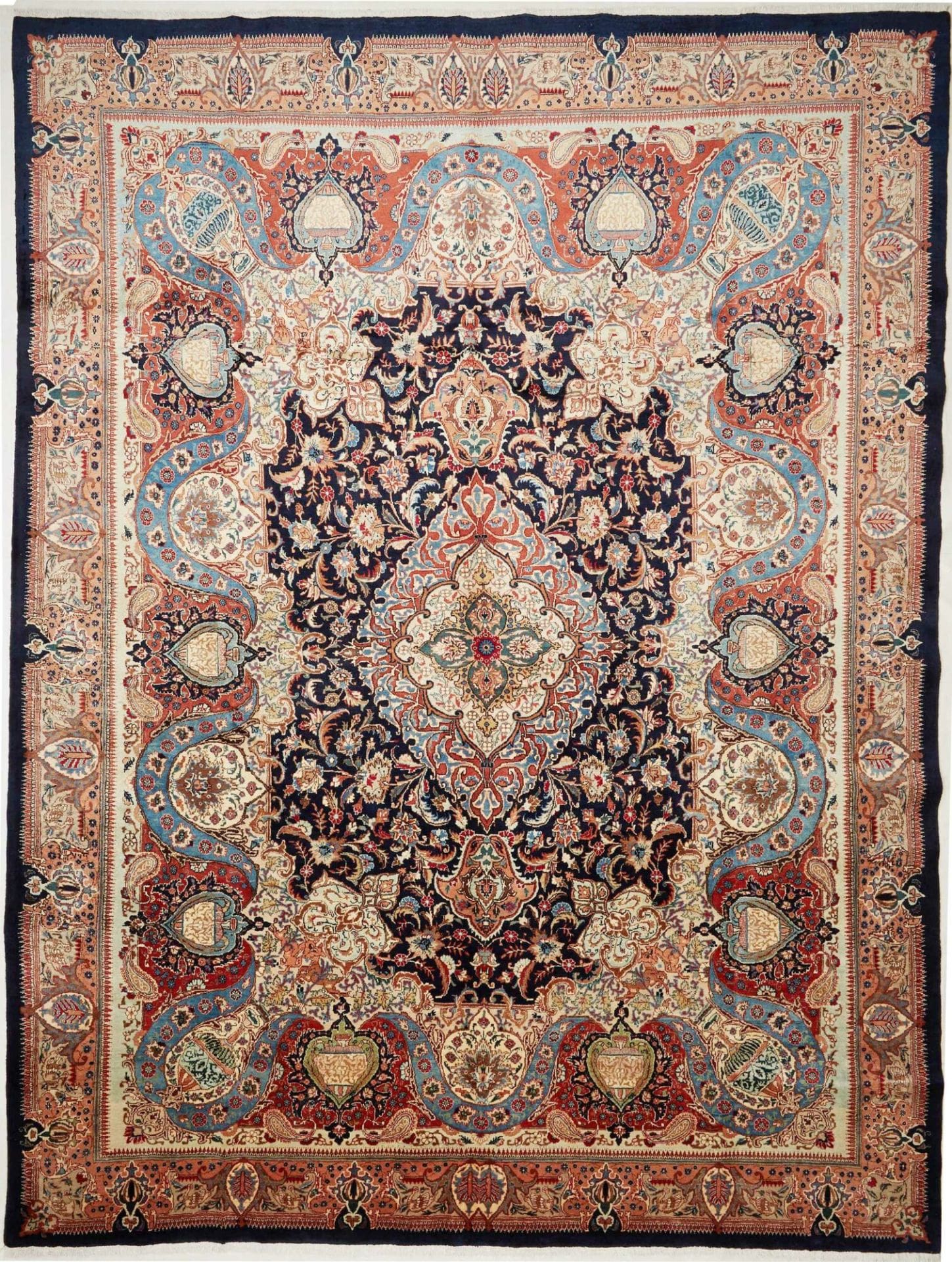 Kashan Teppich 297 x 396cm, Schurwolle, florale Muster, handgeknüpft H1
