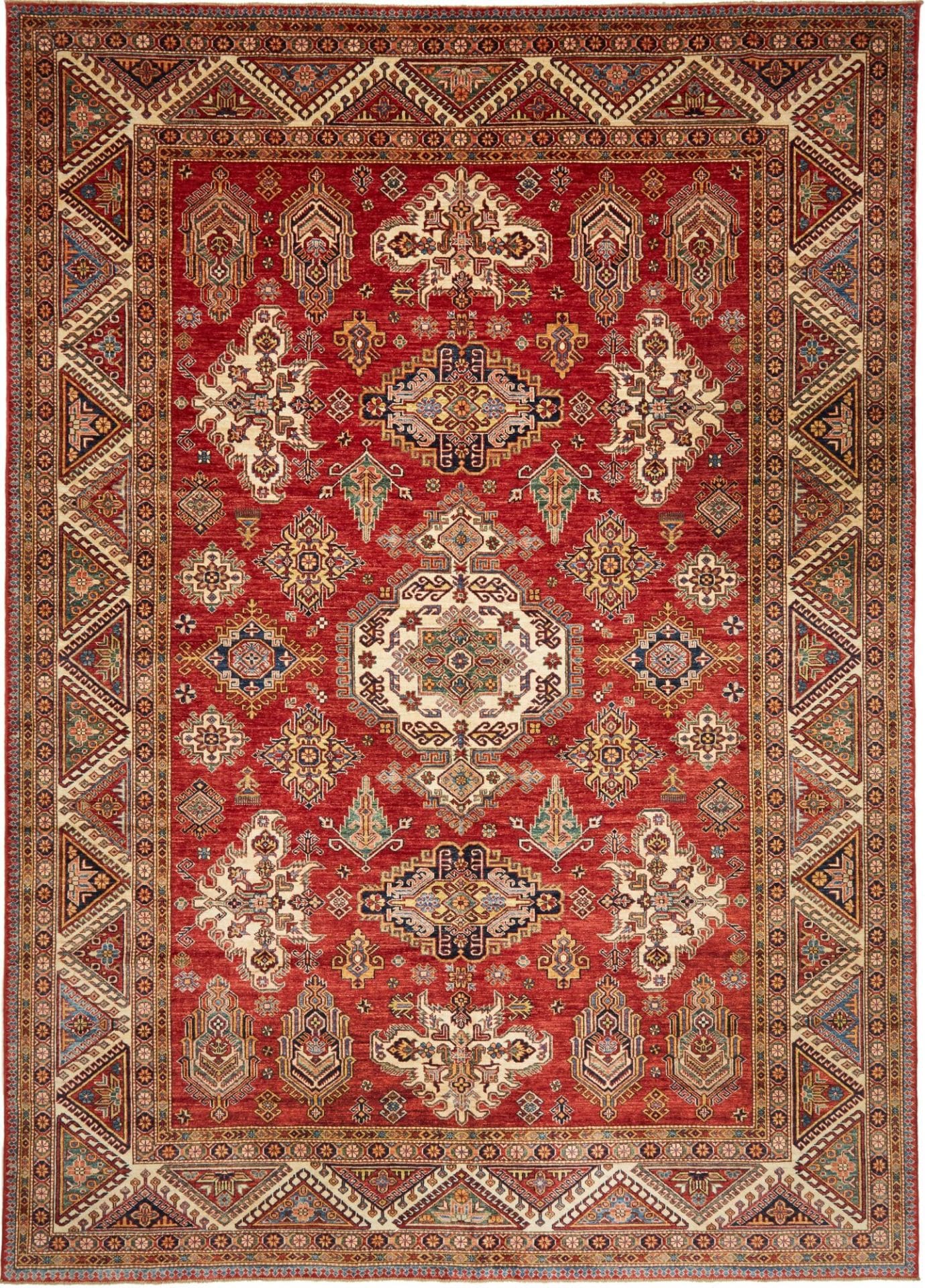 Kazak Teppich 278 x 384 cm mit geometrischen Mustern, handgeknüpft