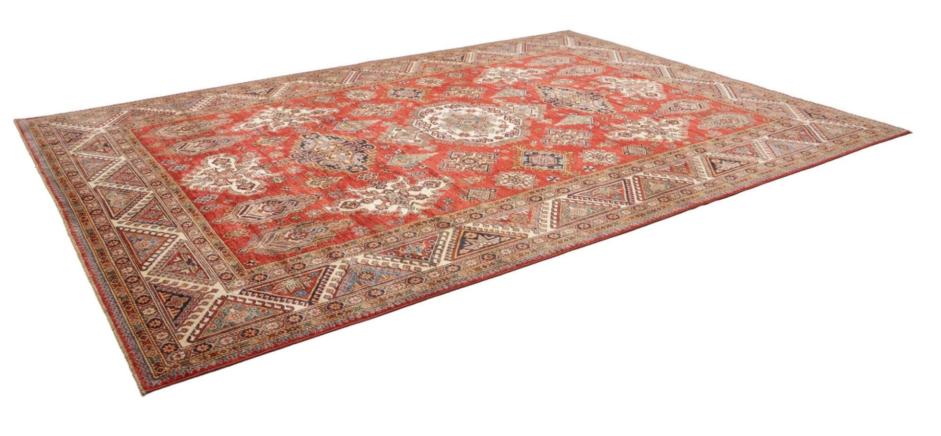 Kazak Teppich 278 x 384 cm mit geometrischen Mustern, handgeknüpft