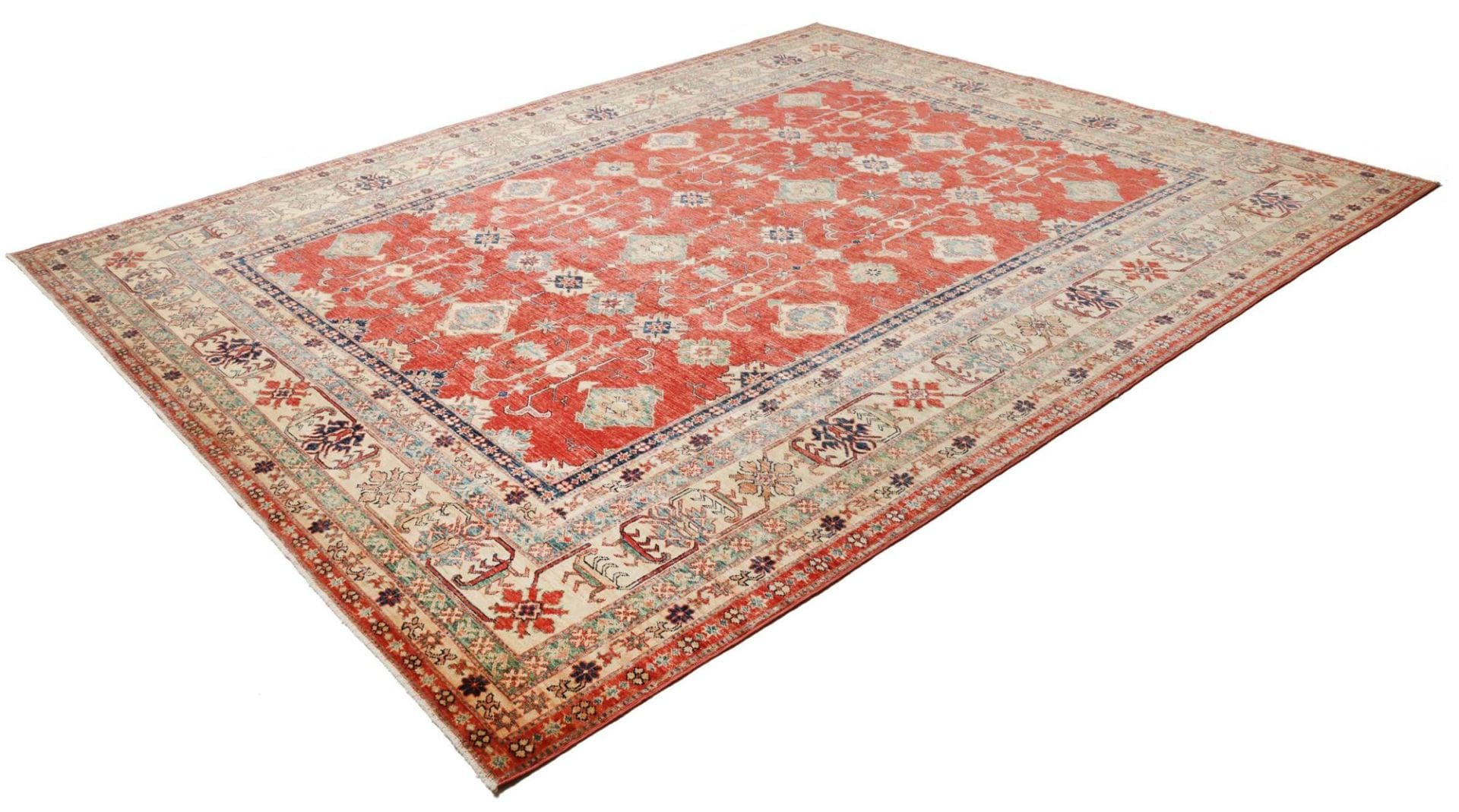 Kazak Teppich 276 x 349 cm mit geometrischen Mustern, handgeknüpft