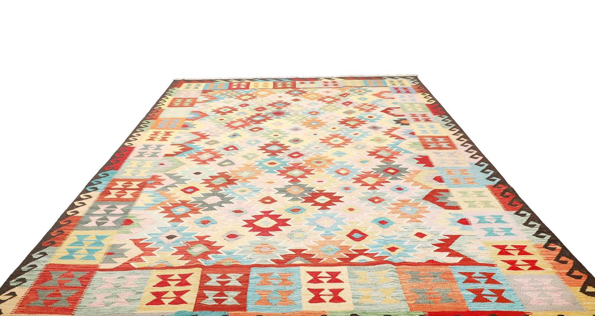 Handgewebter Afghan Kelim 256 x 347 cm, geometrisches Muster, Schurwolle